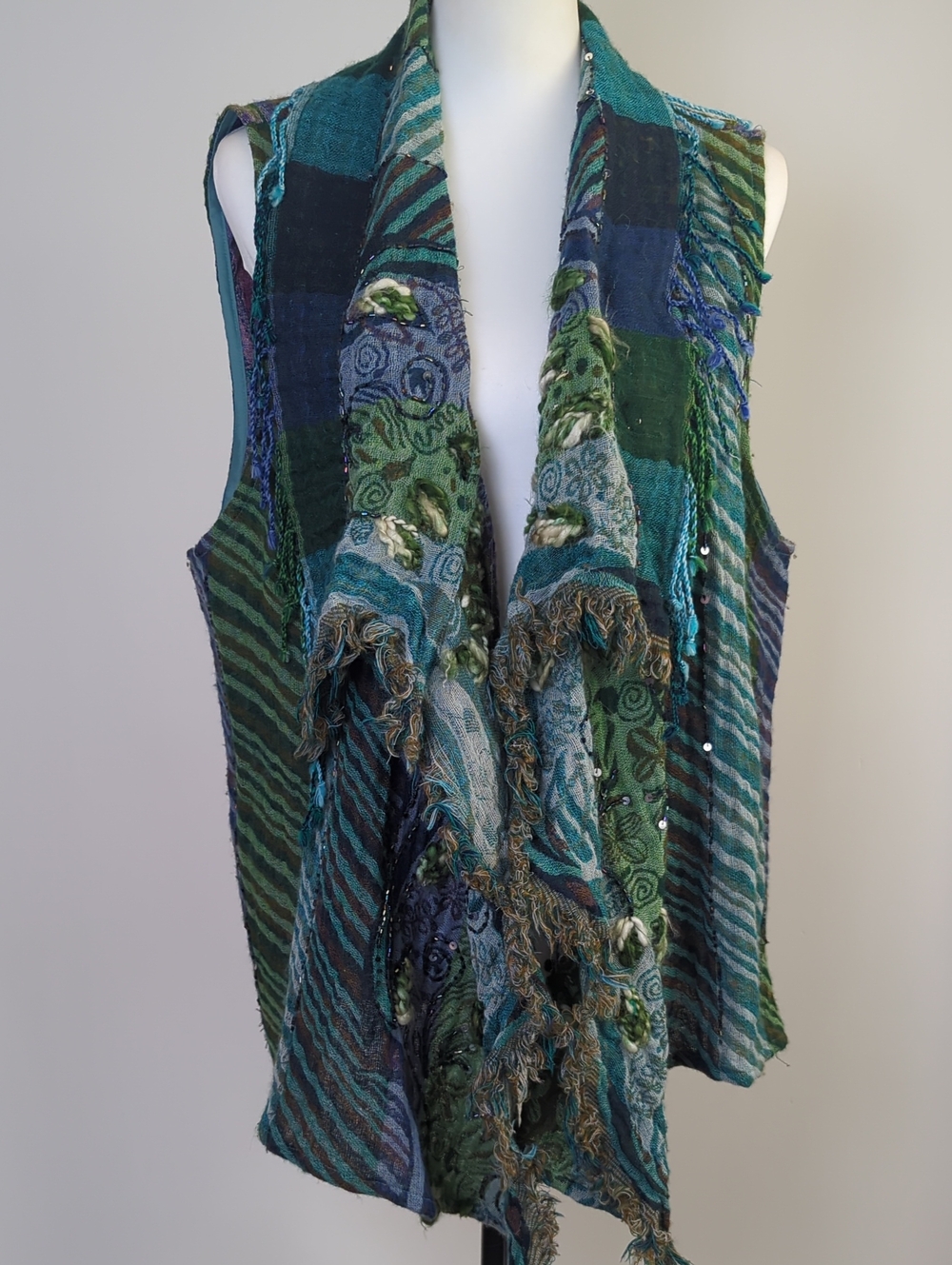 Anu by Natural 100% Wool Paisley Patchwork Beaded Boho Draped Vest Green Blue XL